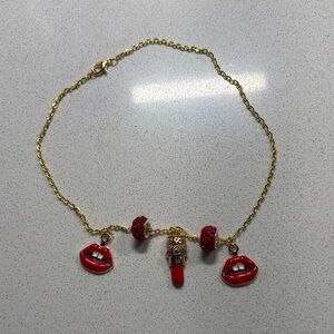 Bag charm gold chain with red sparkly beads, lipstick & lips 👄